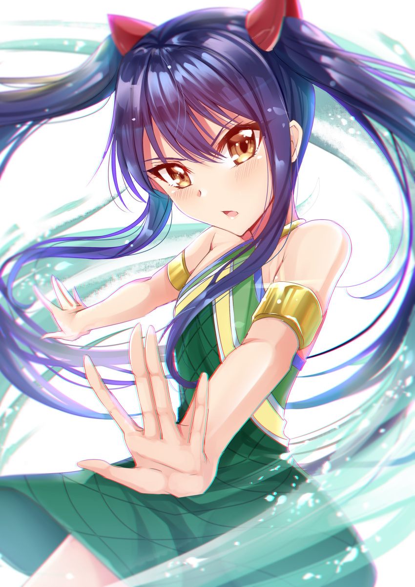 1girl absurdres armlet blue_hair brown_eyes dress fairy_tail floating_hair gu_li hair_between_eyes hair_ornament halterneck highres long_hair looking_at_viewer open_mouth outstretched_arms shiny shiny_hair short_dress sleeveless sleeveless_dress solo standing twintails very_long_hair wendy_marvell