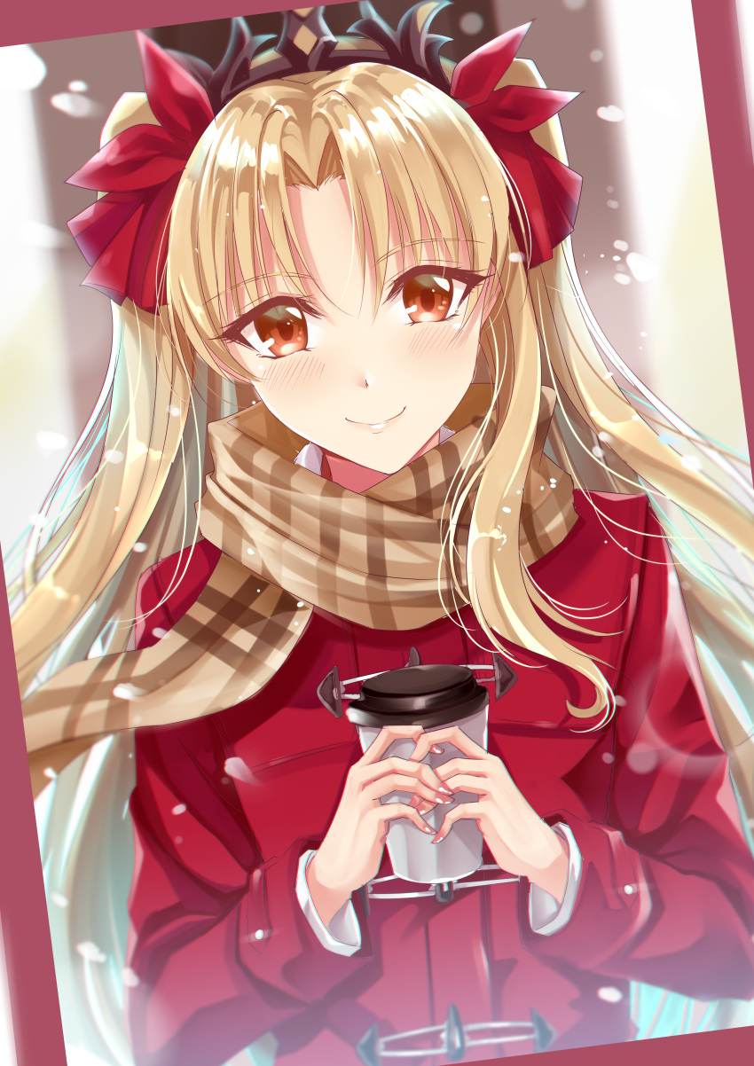 1girl absurdres blonde_hair blush bow brown_eyes brown_scarf coat cup diadem ereshkigal_(fate/grand_order) eyebrows_visible_through_hair fate/grand_order fate_(series) floating_hair gu_li hair_bow highres holding holding_cup long_hair looking_at_viewer red_bow red_coat scarf shiny shiny_hair smile snowing solo twintails upper_body very_long_hair winter_clothes winter_coat