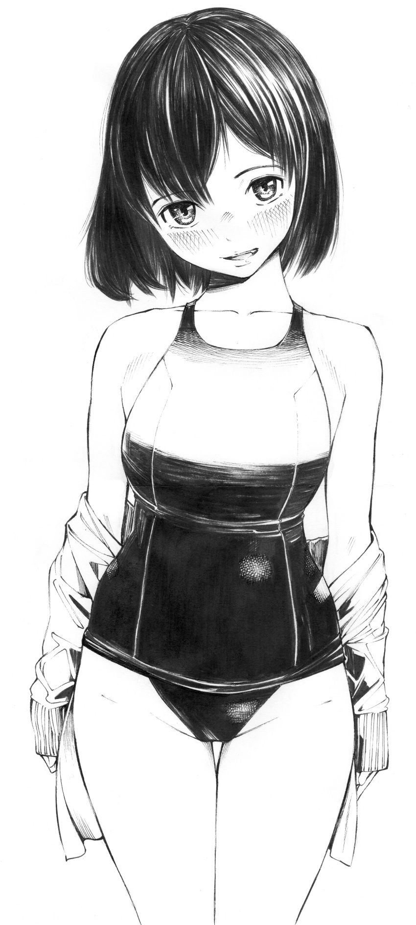 1girl absurdres collarbone cowboy_shot fang gagaimo head_out_of_frame highres jacket looking_at_viewer monochrome open_mouth original school_swimsuit school_uniform short_hair solo standing swimsuit traditional_media