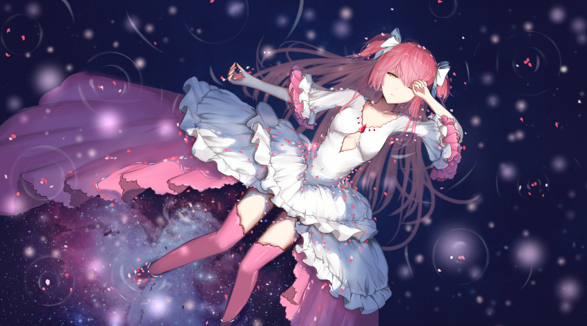 1girl absurdres arm_up bow breasts collarbone cutout dress frilled_dress frills from_above goddess_madoka hair_bow highres huijin_zhi_ling layered_dress long_hair looking_at_viewer lying mahou_shoujo_madoka_magica on_back one_eye_closed petals pink_hair pink_legwear reflecting_pool sky small_breasts solo star_(sky) starry_sky thigh-highs twintails very_long_hair white_bow white_dress yellow_eyes