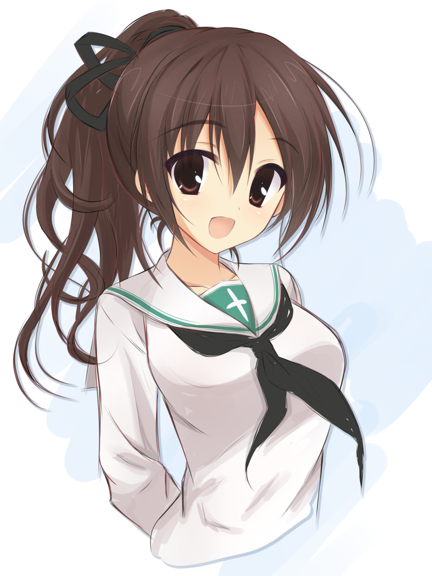 1girl :d alternate_hair_length alternate_hairstyle arms_behind_back bangs black_neckwear black_ribbon blouse brown_eyes brown_hair commentary cropped_torso eyebrows_visible_through_hair getsumen_suibaku_ver._a(c) girls_und_panzer hair_ribbon highres koyama_yuzu light_blush long_hair long_sleeves looking_at_viewer neckerchief ooarai_school_uniform open_mouth ponytail ribbon school_uniform serafuku smile solo standing white_blouse