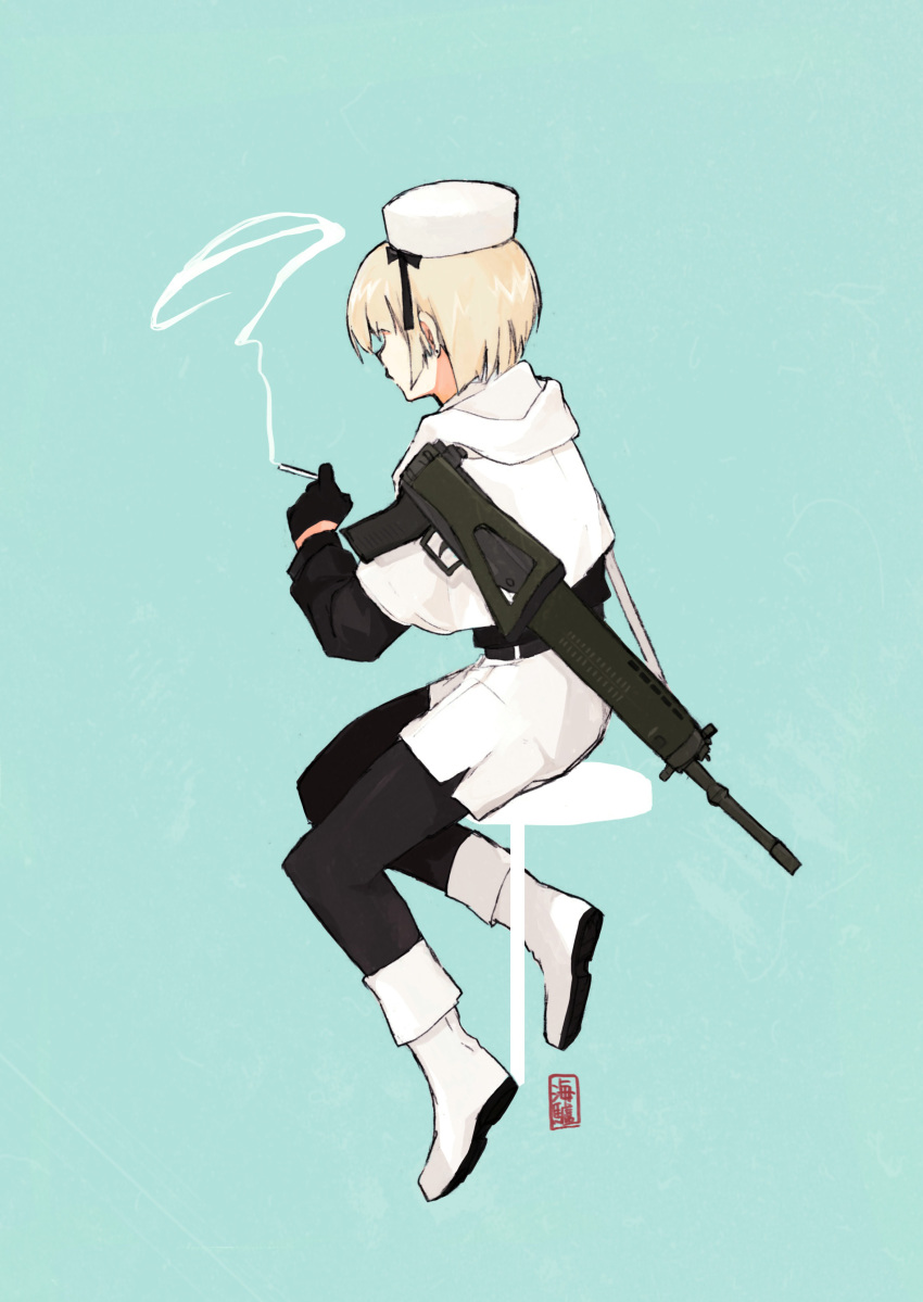 1girl absurdres assault_rifle blonde_hair boots capelet cigarette commentary gloves gun hat highres hood hood_down hooded_capelet leggings original pencil_skirt rifle seallllion short_hair sig_550 simple_background sitting skirt smoking symbol_commentary weapon