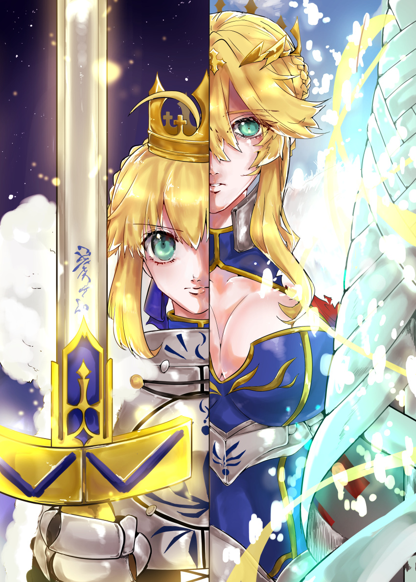 2girls absurdres ahoge armor armored_dress artoria_pendragon_(all) artoria_pendragon_(lancer) bangs blonde_hair blouse braid breasts cape crown dual_persona excalibur fate/stay_night fate_(series) french_braid fur_trim green_eyes hair_between_eyes hair_ribbon highres holding holding_sword holding_weapon lance large_breasts multiple_girls polearm red_cape rhongomyniad ribbon saber sicosicosanma sidelocks skirt swept_bangs sword weapon