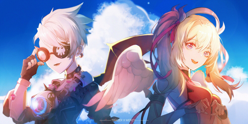 2girls angel_wings bare_shoulders black_gloves blonde_hair breasts character_name choker closed_mouth clouds demon_wings dress earrings fingerless_gloves gloves goggles hair_between_eyes hair_ribbon heart heart_hands highres jewelry lips lipstick makeup medium_breasts mercy_(overwatch) multiple_girls nose open_mouth overwatch pink_dress pink_ribbon ribbon road_233 short_hair smile tracer_(overwatch) twintails upper_body white_hair wings