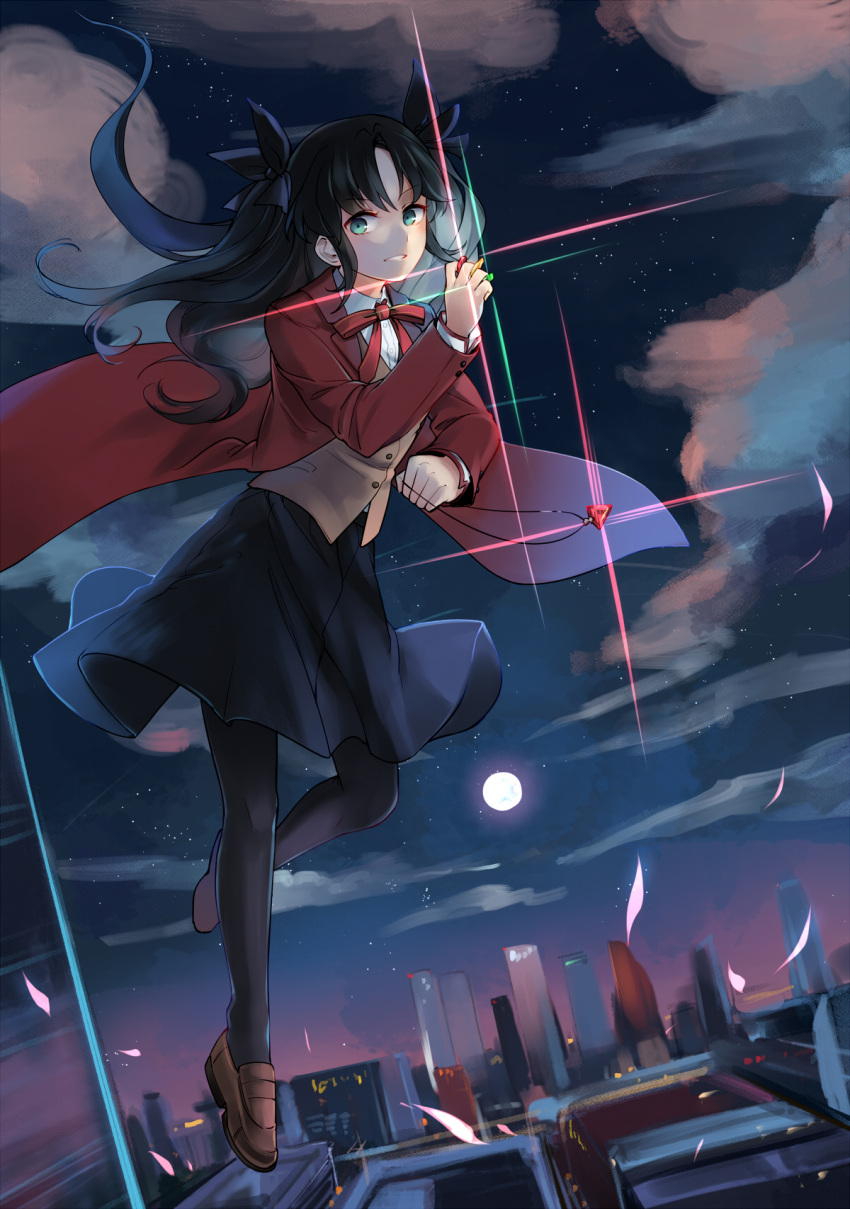 1girl aqua_eyes black_bow black_hair black_legwear black_skirt bow brown_footwear brown_jacket clouds coat fate/stay_night fate_(series) floating_hair full_body full_moon hair_bow highres holding_necklace jacket loafers long_hair looking_at_viewer moon neck_ribbon night outdoors pantyhose parted_lips red_coat red_ribbon ribbon shirt shoes skirt sky solo star_(sky) starry_sky tohsaka_rin twintails white_shirt yorktown_cv-5