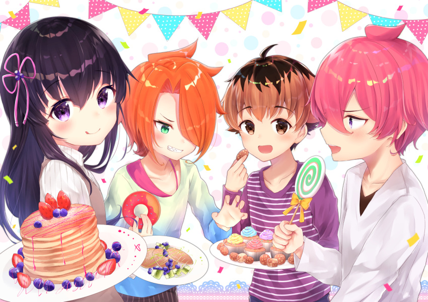 2boys 2girls :d :q ahoge bangs breasts brown_eyes candy checkerboard_cookie closed_mouth commentary_request confetti cookie cup eyebrows_visible_through_hair flower_knot food green_eyes green_shirt grin gyozanuko hair_between_eyes hair_over_one_eye hair_ribbon holding holding_food holding_lollipop holding_plate kannabe_ayumu kugui_machi kuzuryuu_yaichi lollipop multiple_boys multiple_girls open_mouth orange_hair pancake pennant pink_hair pink_ribbon plate polka_dot purple_hair purple_shirt ribbed_sweater ribbon ryuuou_no_oshigoto! sharp_teeth shirt smile stack_of_pancakes string_of_flags striped striped_shirt sweater swirl_lollipop teeth tongue tongue_out tsukiyomizaka_ryou violet_eyes white_shirt white_sweater younger