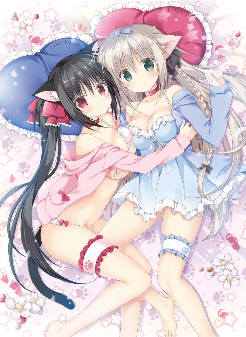 2girls :3 animal_ear_fluff animal_ears bangs bare_legs bare_shoulders barefoot bikini black_bow black_hair blue_bow blue_dress blue_jacket bow braid breasts cat_ears cat_girl cat_tail cleavage closed_mouth collarbone commentary_request dog_ears dog_girl dog_tail dress eyebrows_visible_through_hair fingernails flower frilled_dress frilled_pillow frills green_eyes grey_hair hair_between_eyes hair_bow hand_up heart heart_pillow highres hug jacket korie_riko large_breasts leg_garter long_hair long_sleeves lying multiple_girls off_shoulder on_back open_clothes open_jacket original petals pillow pink_bikini pink_jacket red_bow red_eyes side_braid sidelocks single_braid sleeveless sleeveless_dress sleeves_past_wrists swimsuit tail twintails very_long_hair white_flower
