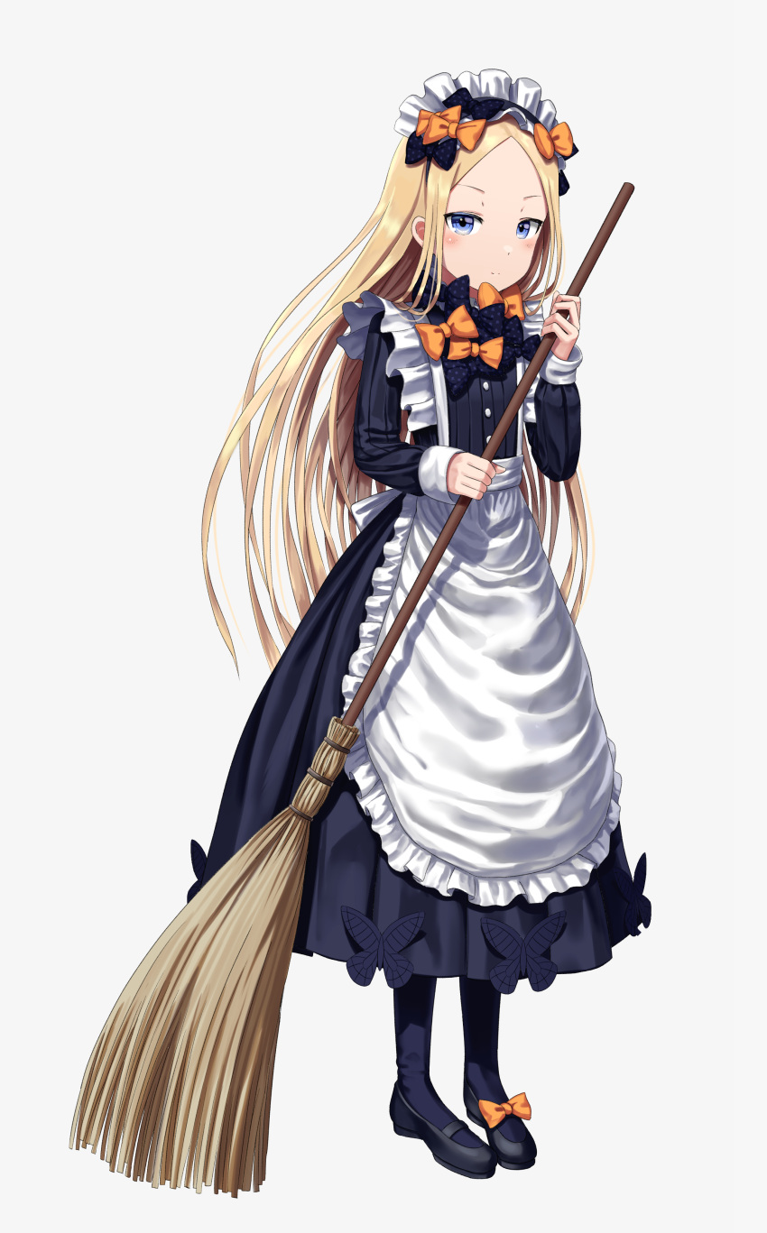 1girl abigail_williams_(fate/grand_order) absurdres alternate_costume apron bangs black_bow black_dress black_footwear black_legwear blonde_hair blue_eyes blush bow broom bug butterfly closed_mouth commentary_request dress enmaided fate/grand_order fate_(series) forehead full_body grey_background hair_bow hand_up highres holding holding_broom insect long_hair long_sleeves looking_at_viewer maid maid_apron maid_headdress mary_janes orange_bow pantyhose parted_bangs pleated_dress polka_dot polka_dot_bow sanbe_futoshi shoes simple_background sleeves_past_wrists smile solo standing very_long_hair white_apron
