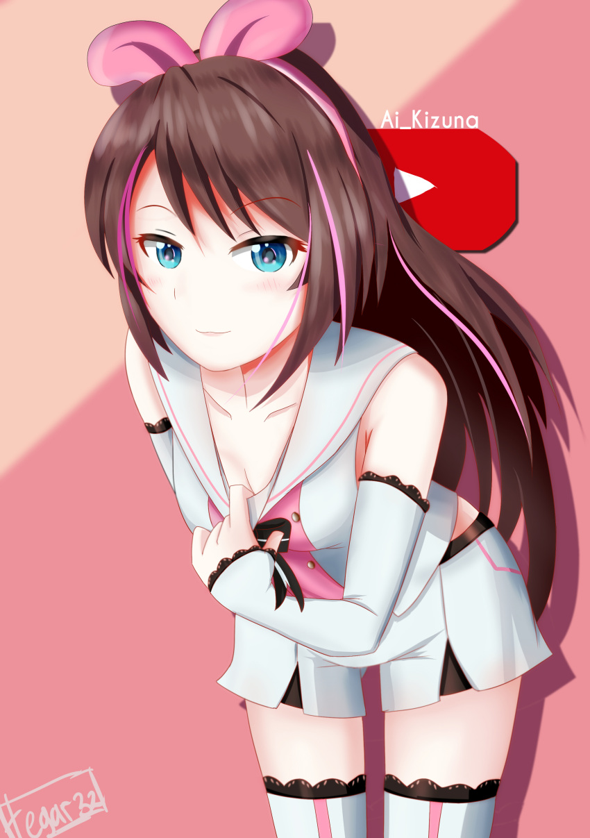 1girl a.i._channel absurdres artist_name ass_visible_through_thighs blue_eyes blush breasts brown_hair cleavage detached_sleeves diagonal-striped_background diagonal_stripes highres kizuna_ai leaning_forward long_hair medium_breasts multicolored_hair pink_background pink_hair pink_ribbon ribbon self_exposure shorts smile solo striped striped_background tegar32 thigh-highs thighs youtube_username