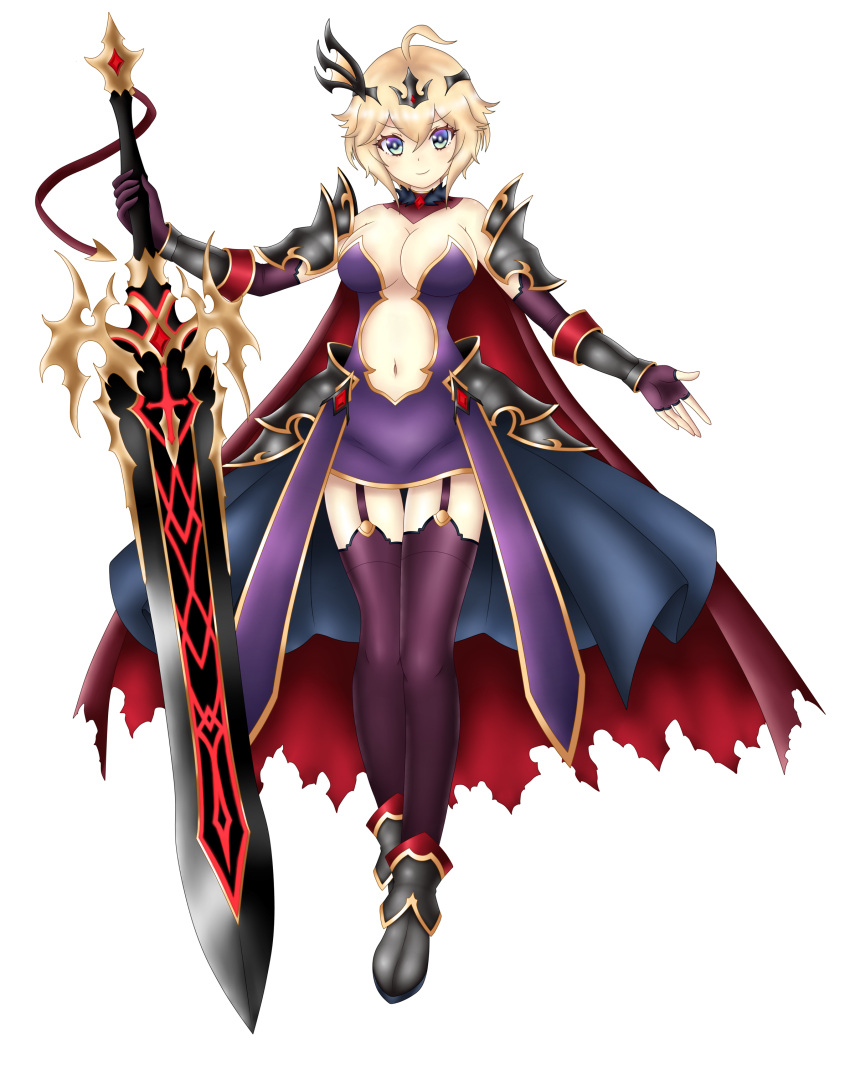 1girl absurdres alternate_costume asymmetrical_gloves blonde_hair blue_eyes breasts cape cleavage crown dare_ga_tame_no_alchemist dark_persona detached_sleeves fingerless_gloves garter_straps gloves greatsword highres holding holding_sword holding_weapon huge_weapon kanon_(dare_ga_tame_no_alchemist) keima_scarlet looking_at_viewer medium_breasts navel navel_cutout short_hair sword thigh-highs weapon