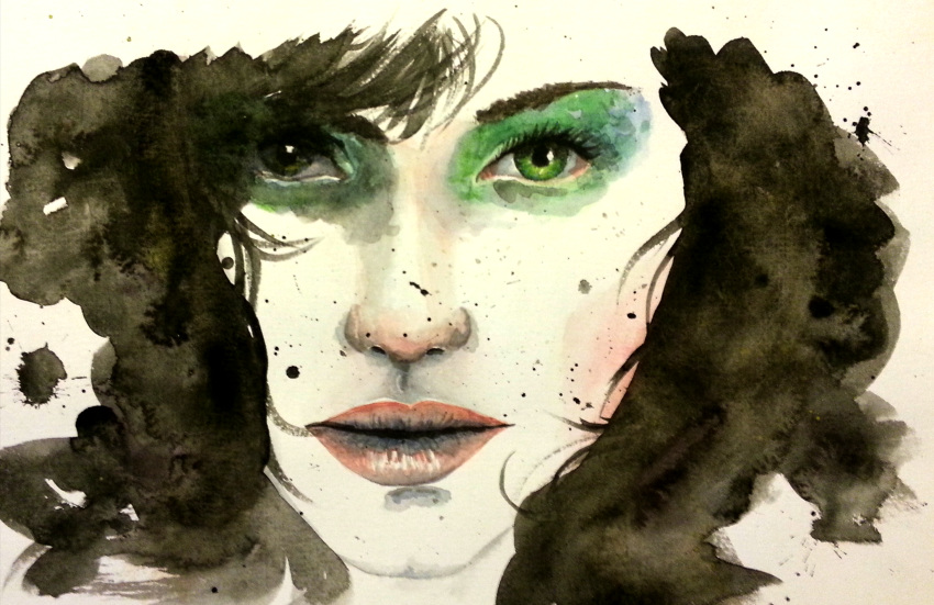 1girl bangs black_hair commentary emily_clark english_commentary eyelashes green_eyes highres lips looking_at_viewer nose original parted_lips solo traditional_media watercolor_(medium)