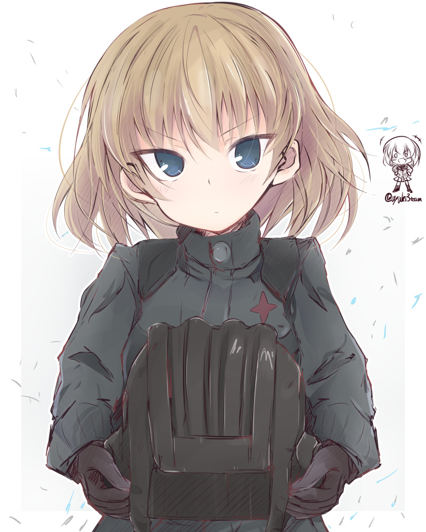 +++ 1girl bangs black_gloves black_hat blonde_hair blue_eyes chibi closed_mouth commentary emblem eyebrows_visible_through_hair fang frown getsumen_suibaku_ver._a(c) girls_und_panzer gloves green_jumpsuit grey_background hat headwear_removed helmet helmet_removed highres holding holding_helmet katyusha laughing long_sleeves looking_at_viewer military military_uniform outside_border pravda_military_uniform short_hair sketch solo standing twitter_username uniform upper_body v-shaped_eyebrows