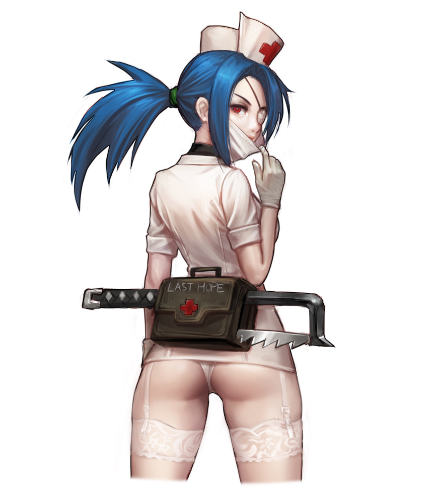 1girl absurdres ass ass_visible_through_thighs blue_hair closed_mouth commentary cowboy_shot english_commentary garter_straps gloves hat highres jungon_kim looking_at_viewer looking_back making_of mask_pull nurse nurse_cap panties ponytail red_eyes shirt short_sleeves simple_background skullgirls solo surgical_mask thigh-highs underwear valentine_(skullgirls) white_background white_gloves white_legwear white_panties white_shirt