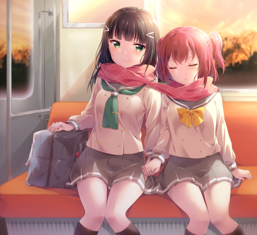 2girls aqua_neckwear bag bangs black_hair black_legwear bow bowtie bus_interior closed_eyes commentary_request double-breasted green_eyes grey_skirt hair_ornament hairclip hand_holding hazuki_(sutasuta) highres kneehighs kurosawa_dia kurosawa_ruby long_sleeves love_live! love_live!_sunshine!! mole mole_under_mouth multiple_girls neckerchief pink_scarf plaid plaid_scarf pleated_skirt redhead scarf school_bag school_uniform serafuku shared_scarf siblings sisters sitting skirt sleeping smile sunset tie_clip two_side_up uranohoshi_school_uniform yellow_neckwear