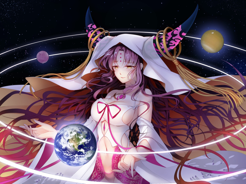 1girl artist_request bangs bare_shoulders black_hair breasts cleavage closed_mouth cowboy_shot detached_sleeves earth facial_mark fate/grand_order fate_(series) forehead_mark habit highres horns large_breasts long_hair navel panties parted_bangs pink_panties revealing_clothes sesshouin_kiara sideboob smile solo space stomach tattoo underwear veil very_long_hair wavy_hair wide_sleeves yellow_eyes