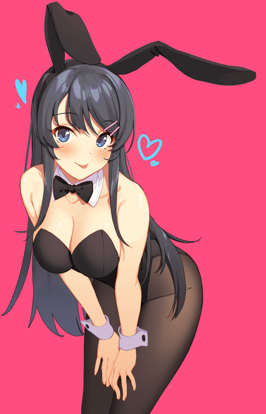 1girl :p absurdres animal_ears bangs black_bow black_hair black_hairband black_legwear black_leotard blush bow bowtie breasts bunnysuit cleavage detached_collar eyebrows_visible_through_hair fake_animal_ears hairband hands_on_own_thighs heart highres icarus_(632247131) large_breasts leaning_forward leotard long_hair looking_at_viewer pantyhose rabbit_ears red_background sakurajima_mai seishun_buta_yarou smile solo strapless strapless_leotard swept_bangs tongue tongue_out violet_eyes wrist_cuffs