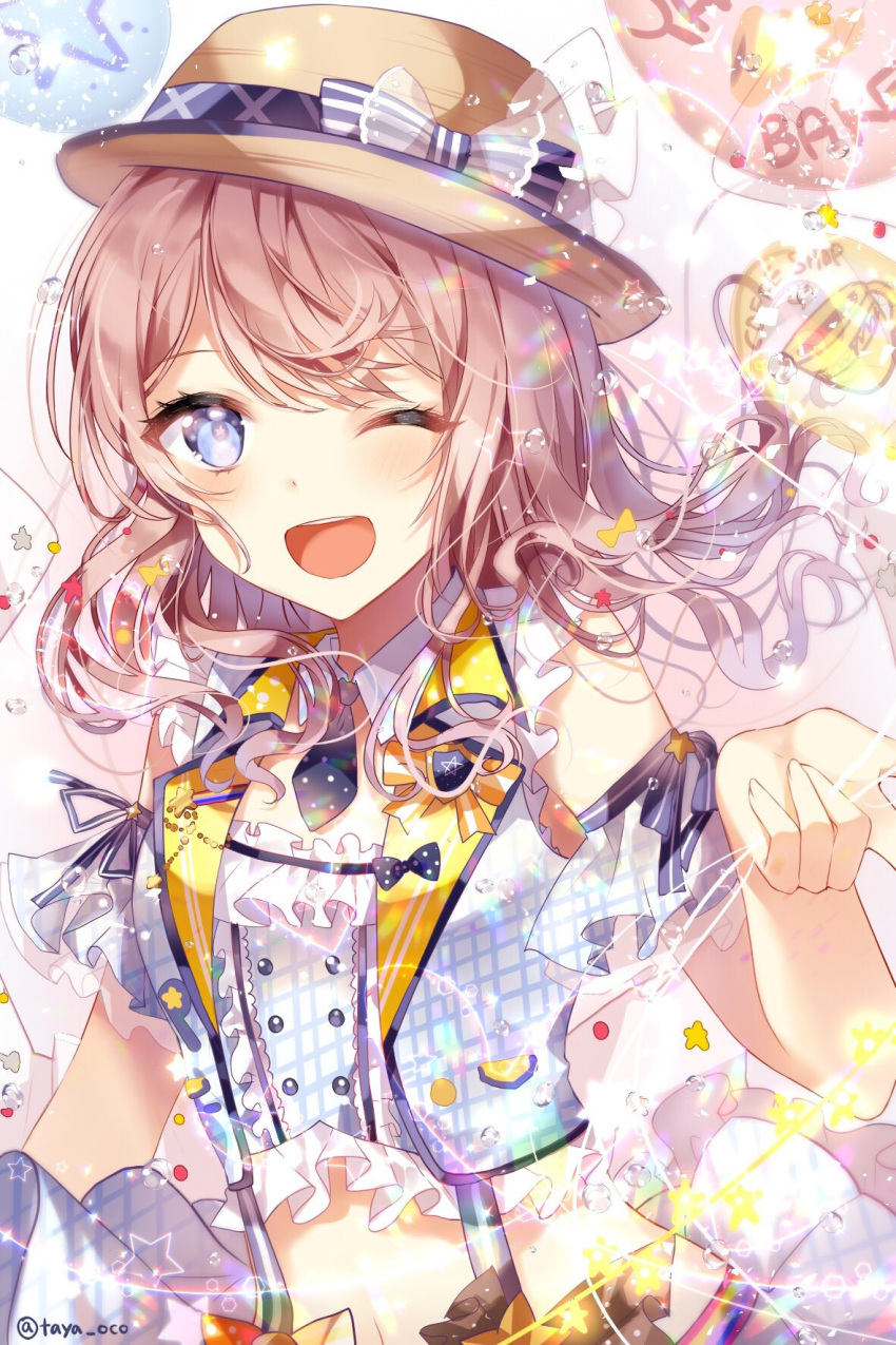 1girl ;d bang_dream! bangs black_neckwear blue_eyes bow brown_hair brown_hat center_frills crop_top detached_collar detached_sleeves frills hat hat_bow highres long_hair looking_at_viewer mini_necktie navel one_eye_closed open_mouth polka_dot_neckwear ribbon skirt smile solo striped striped_ribbon suspenders taya_5323203 upper_body vest water_drop yamabuki_saaya