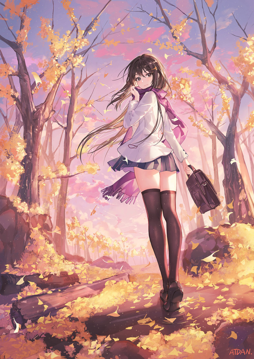 1girl artist_name atdan autumn autumn_leaves bag bangs bare_tree black_legwear black_skirt blazer blue_sky blush brown_eyes brown_hair closed_mouth clouds evening eyebrows_visible_through_hair fringe_trim from_behind full_body ginkgo ginkgo_leaf hair_between_eyes hair_ornament hand_up highres holding holding_bag jacket loafers long_hair long_sleeves looking_at_viewer looking_back miniskirt original outdoors pink_scarf pleated_skirt purple_scarf scarf school_bag school_briefcase school_uniform shoe_soles shoes signature skirt sky smile solo standing thigh-highs tree very_long_hair walking white_jacket wind