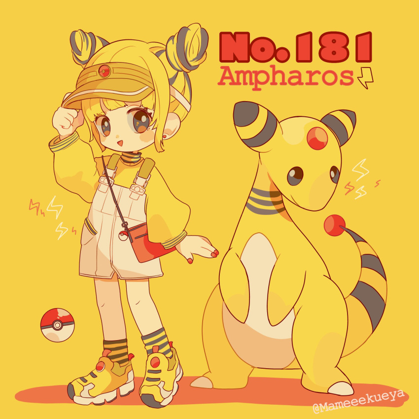 1girl ampharos bag bangs black_eyes black_hair blonde_hair blunt_bangs character_name creatures_(company) double_bun earrings english full_body game_freak gen_2_pokemon highres jewelry lightning_bolt long_sleeves looking_at_viewer mameeekueya moemon multicolored_hair nail_polish nintendo open_mouth overalls personification poke_ball pokemon pokemon_(creature) pokemon_number puffy_sleeves red_earrings red_nails shirt shoes shoulder_bag simple_background smile standing streaked_hair striped striped_legwear twitter_username white_overalls yellow yellow_background yellow_footwear yellow_legwear yellow_shirt