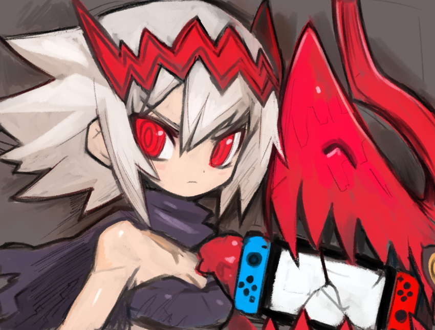 1girl bangs bare_arms bare_shoulders breasts broken_screen character_request commentary_request dakusuta dragon:_marked_for_death game_console grey_background hair_between_eyes hair_ornament highres holding medium_breasts nintendo_switch red_eyes scarf short_hair simple_background solo spiky_hair white_hair