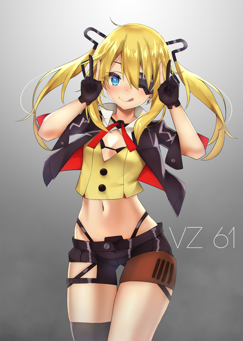 1girl ashisi ass_visible_through_thighs bangs black_bra black_gloves black_shorts blonde_hair blue_eyes blush bra breasts character_name cleavage_cutout crop_top cropped_jacket eyebrows_visible_through_hair eyepatch eyes_visible_through_hair girls_frontline gloves gradient gradient_background grey_background hair_between_eyes hair_ornament hands_up highres jacket long_hair looking_at_viewer midriff navel one_eye_covered partly_fingerless_gloves short_shorts short_sleeves shorts sidelocks single_thighhigh small_breasts smile solo thigh-highs thigh_cutout thigh_gap tongue tongue_out twintails underwear v vz.61_(girls_frontline)