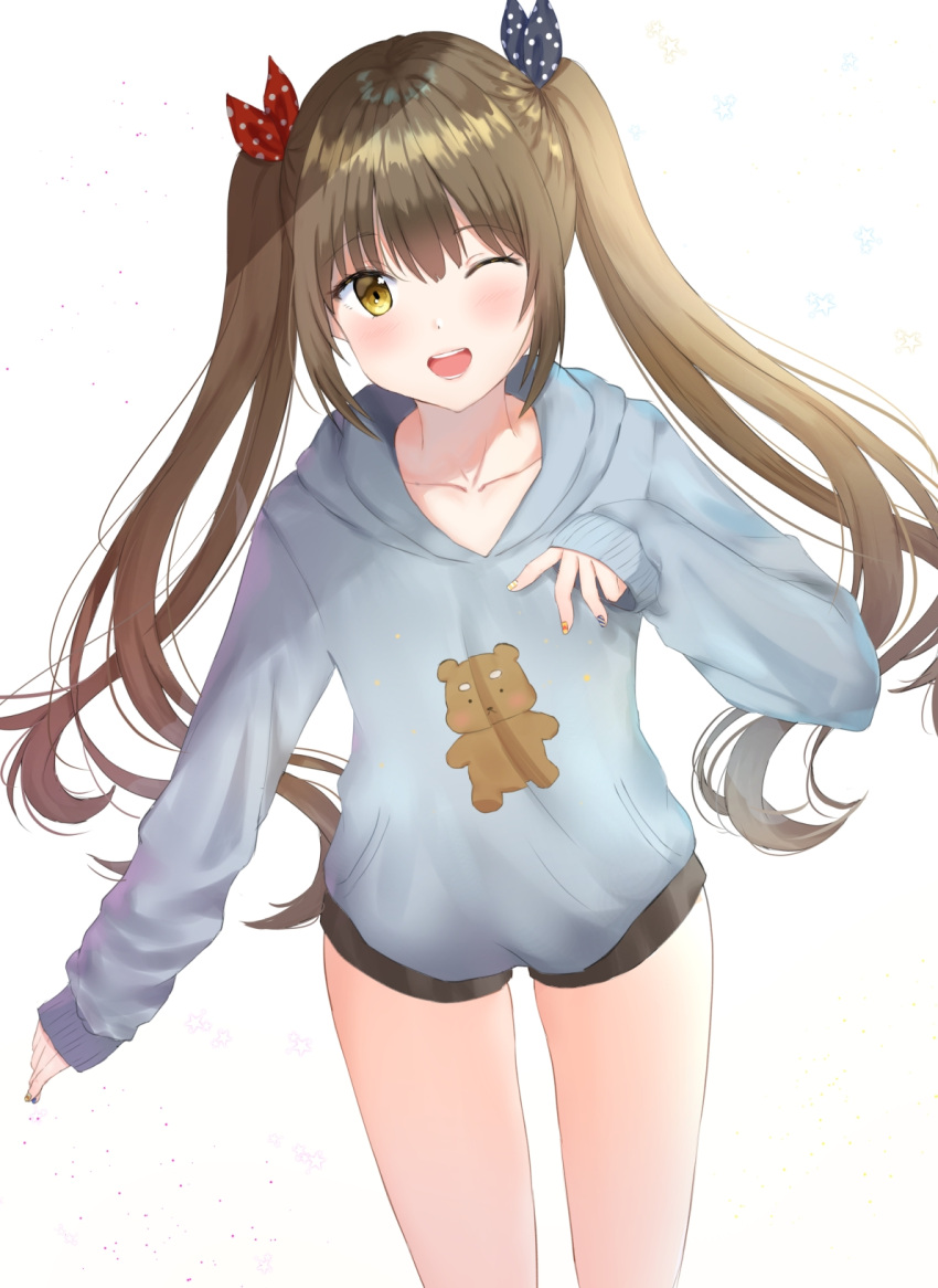 1girl ;d bangs black_ribbon black_shorts blue_hoodie blush brown_eyes brown_hair commentary eyebrows_visible_through_hair fingernails hair_between_eyes hair_ribbon highres hood hood_down hoodie kubong long_hair long_sleeves looking_at_viewer nail_art one_eye_closed open_mouth original polka_dot polka_dot_ribbon red_ribbon ribbon short_shorts shorts simple_background sleeves_past_wrists smile solo star symbol_commentary twintails very_long_hair white_background