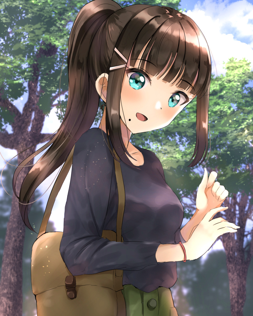 1girl :d bag bangs black_shirt blue_eyes blue_sky blunt_bangs breasts brown_hair clouds cloudy_sky collarbone commentary_request day eyebrows_visible_through_hair hair_ornament hairclip head_tilt high_ponytail highres kurosawa_dia long_hair long_sleeves looking_at_viewer love_live! love_live!_sunshine!! mole mole_under_eye open_mouth ponytail shirt shoulder_bag sidelocks sin_(sin52y) sky small_breasts smile solo tree upper_body very_long_hair