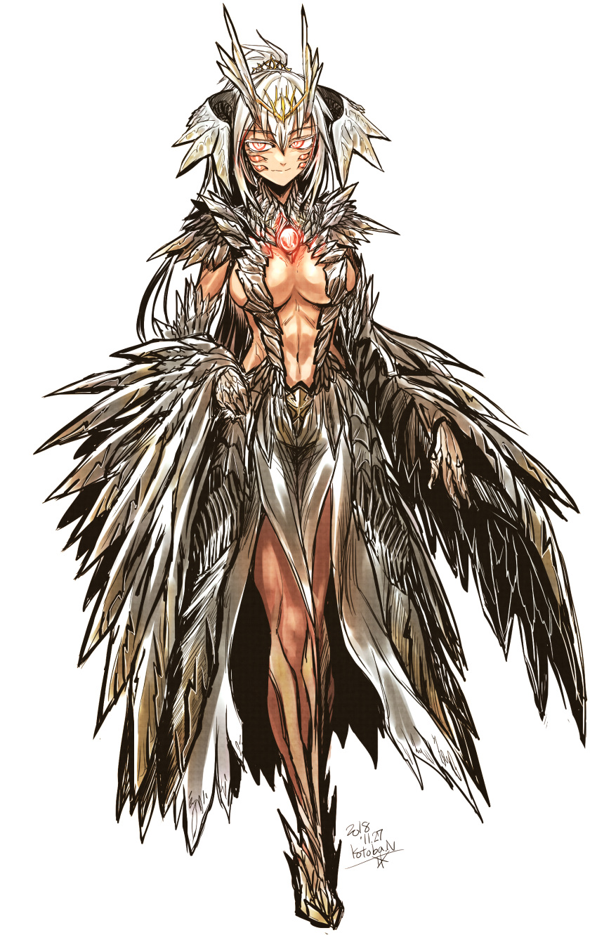 1girl absurdres animal_ears armor armored_dress bright_pupils circlet claws closed_mouth dated dress extra_eyes full_body highres kotoba_noriaki long_hair looking_at_viewer monster_girl navel original ponytail red_eyes signature simple_background slit_pupils smile solo standing toned white_background white_dress white_hair wings