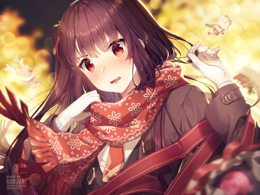 1girl adjusting_scarf alternate_costume artist_name bangs blazer blurry blush bokeh breasts brown_coat character_doll coat depth_of_field embarrassed eyebrows_visible_through_hair girls_frontline gloves hair_ribbon half_updo jacket kalina_(girls_frontline) large_breasts long_hair long_sleeves looking_at_viewer necktie one_side_up open_clothes open_coat open_mouth purple_hair red_eyes red_neckwear ribbon rosuuri scarf shirt snowflake_print solo very_long_hair wa2000_(girls_frontline)
