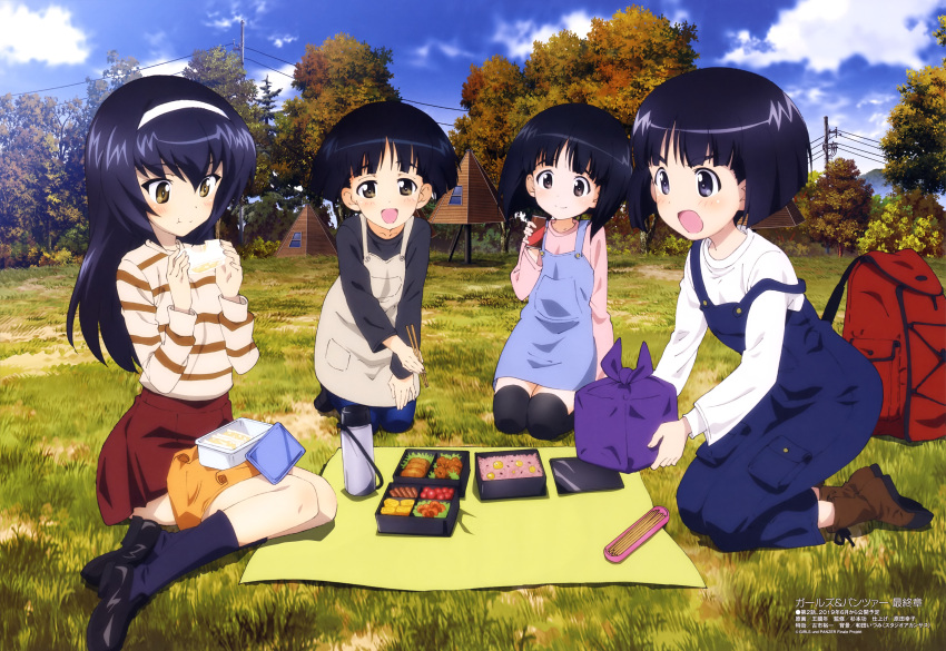 4girls absurdres backpack bag black_hair blanket blue_sky brown_eyes buttons chopsticks closed_mouth clouds container croquette eating field food fried_chicken girls_und_panzer gotou_moyoko grass grey_eyes hairband highres holding holding_chopsticks kneeling konparu_nozomi lunch lunchbox mountain multiple_girls obentou official_art omelet onigiri open_mouth outdoors overalls picnic pocket power_lines red_skirt reizei_mako sandwich shoes skirt sky smile socks sono_midoriko sweater thermos thigh-highs tomato tree triplets wang_guo_nian yellow_eyes