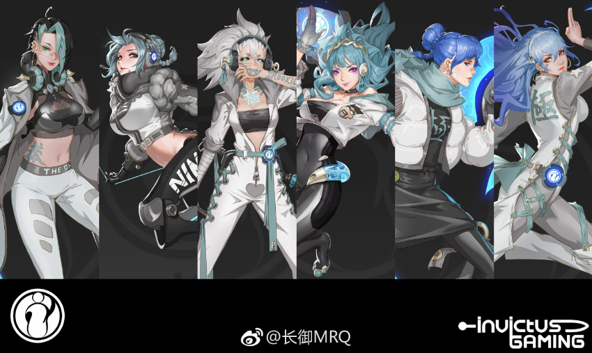 6+girls akali artist_name baolan_(gamer) camille_(league_of_legends) character_name dagger draven duke_(gamer) fiora_laurent glasses headphones highres invictus_gaming irelia jackeylove_(gamer) kai'sa league_of_legends league_of_legends_world_championship leona_(league_of_legends) mrq multiple_girls ning_(gamer) rookie_(gamer) shield tattoo theshy_(gamer) weapon