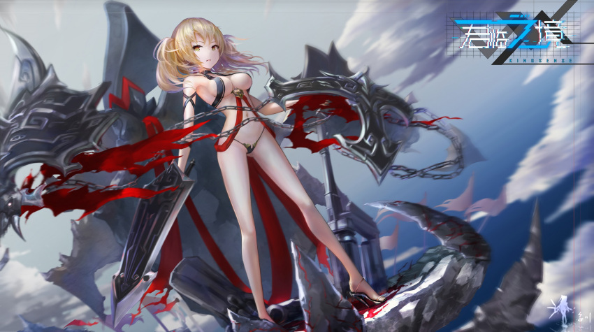1girl ass_visible_through_thighs black_panties blonde_hair blue_sky breasts chains cleavage clouds day dutch_angle high_heels highres legs_apart long_hair looking_at_viewer medium_breasts motion_blur navel original outdoors panties revealing_clothes sky solo standing twintails underwear wangchuan_de_quanyan weapon wind yellow_eyes