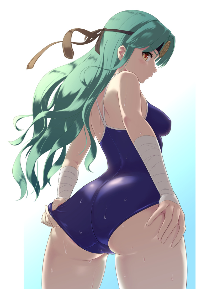 1girl adjusting_clothes adjusting_swimsuit ass bandage bandaged_arm bandages blush breasts brown_eyes commentary_request comugico from_behind green_hair hand_on_own_ass headband highres houchi_shoujo long_hair looking_at_viewer medium_breasts profile school_swimsuit simple_background solo swimsuit wet wet_clothes wet_swimsuit