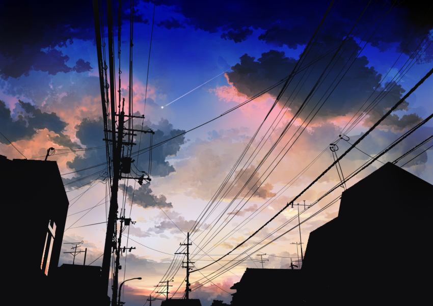 clouds commentary_request condensation_trail from_below highres houses lamppost no_humans original power_lines power_pole radio_antenna remosse512 road scenery silhouette sky street sunrise telephone_pole transformer twilight