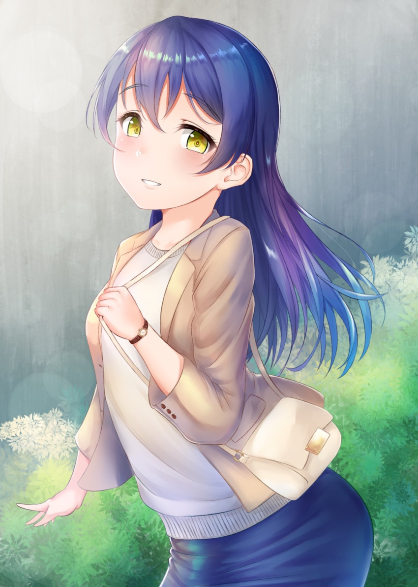 1girl bag bangs blue_hair blush eyebrows_visible_through_hair hair_between_eyes highres holding long_hair long_sleeves looking_at_viewer love_live! love_live!_school_idol_project rama_(yu-light8) smile solo sonoda_umi standing watch watch yellow_eyes