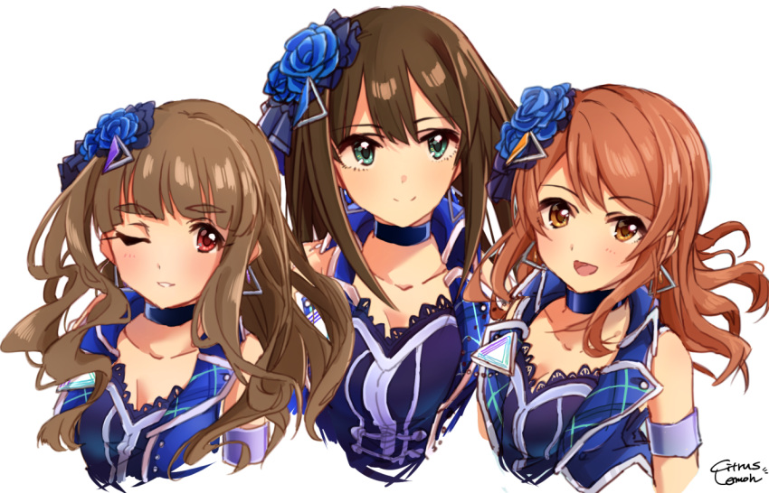 3girls :d arm_strap bangs blue_flower blue_rose breasts brown_eyes brown_hair choker cleavage collarbone cropped_torso earrings eyebrows_visible_through_hair floating_hair flower green_eyes hair_flower hair_ornament houjou_karen idolmaster idolmaster_cinderella_girls jewelry kamiya_nao long_hair medium_breasts multiple_girls one_eye_closed open_mouth red_eyes rose shibuya_rin shiny shiny_hair signature simple_background sketch sleeveless smile swept_bangs toma_citrusta triad_primus upper_body white_background