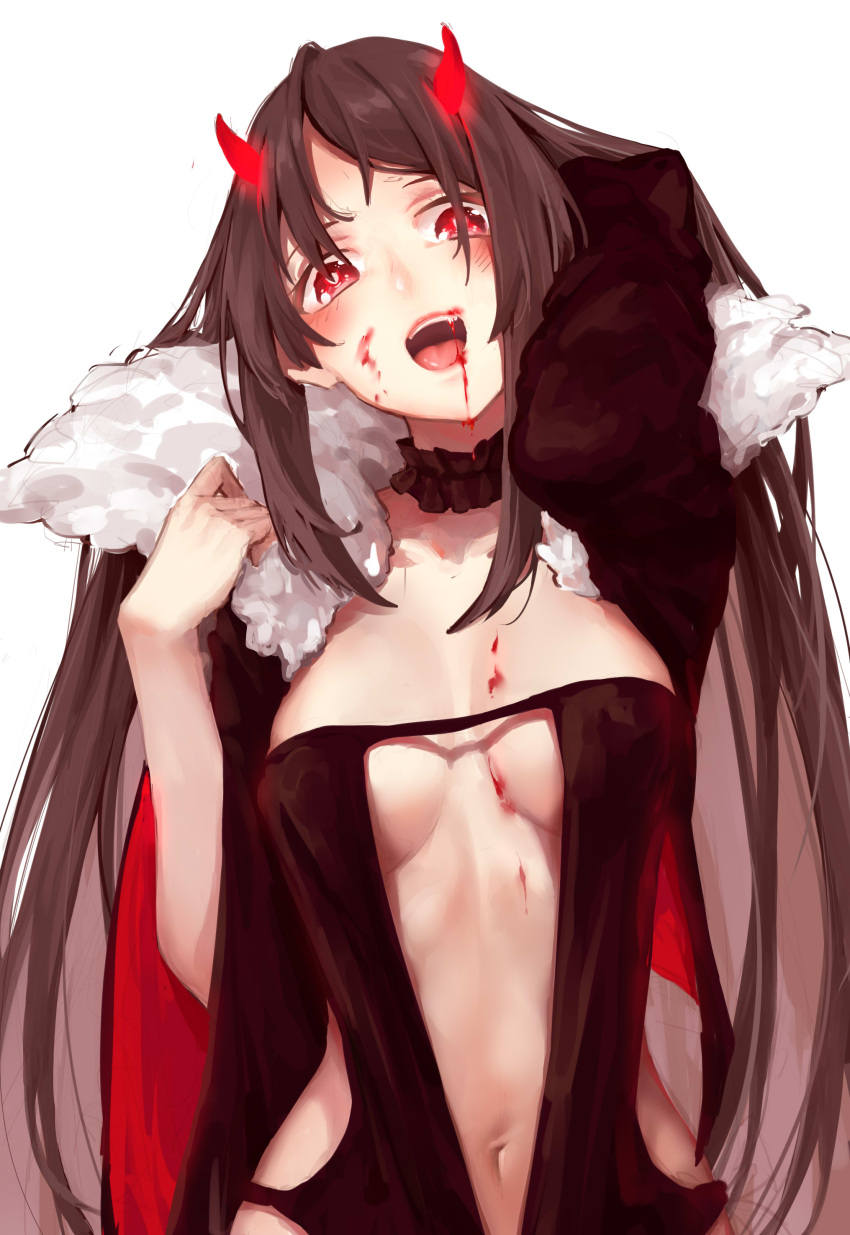 1girl :d absurdres arm_up bangs black_dress blood blood_on_face blood_stain blush breasts brown_hair center_opening choker consort_yu_(fate) cyta_celest dress fate/grand_order fate_(series) fur_collar head_tilt highres horns long_hair looking_at_viewer navel open_mouth red_eyes sidelocks simple_background smile solo teeth upper_body white_background wide_sleeves