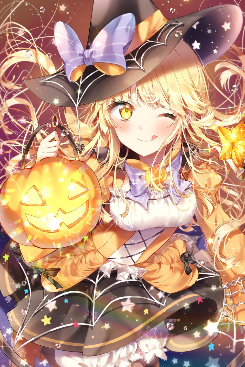 1girl ;q bang_dream! bangs black_bow black_hat black_skirt blonde_hair bloomers blush bow bug frills halloween halloween_costume hat hat_bow highres holding jack-o'-lantern long_hair long_sleeves looking_at_viewer one_eye_closed purple_neckwear silk skirt smile solo spider spider_web star striped striped_neckwear taya_5323203 tongue tongue_out tsurumaki_kokoro underwear water_drop witch_hat yellow_eyes