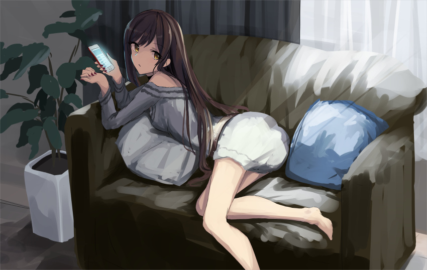 1girl ass bangs bare_shoulders barefoot belt brown_belt brown_eyes brown_hair cellphone closed_mouth commentary_request couch curtains day doran_(dorannomai) eyebrows_visible_through_hair fingernails grey_shirt hands_up highres holding holding_cellphone holding_phone idolmaster idolmaster_shiny_colors indoors long_hair looking_at_viewer looking_back nail_polish off-shoulder_shirt on_couch oosaki_amana phone pillow plant potted_plant red_nails shirt sketch skirt solo sunlight transparent very_long_hair white_skirt
