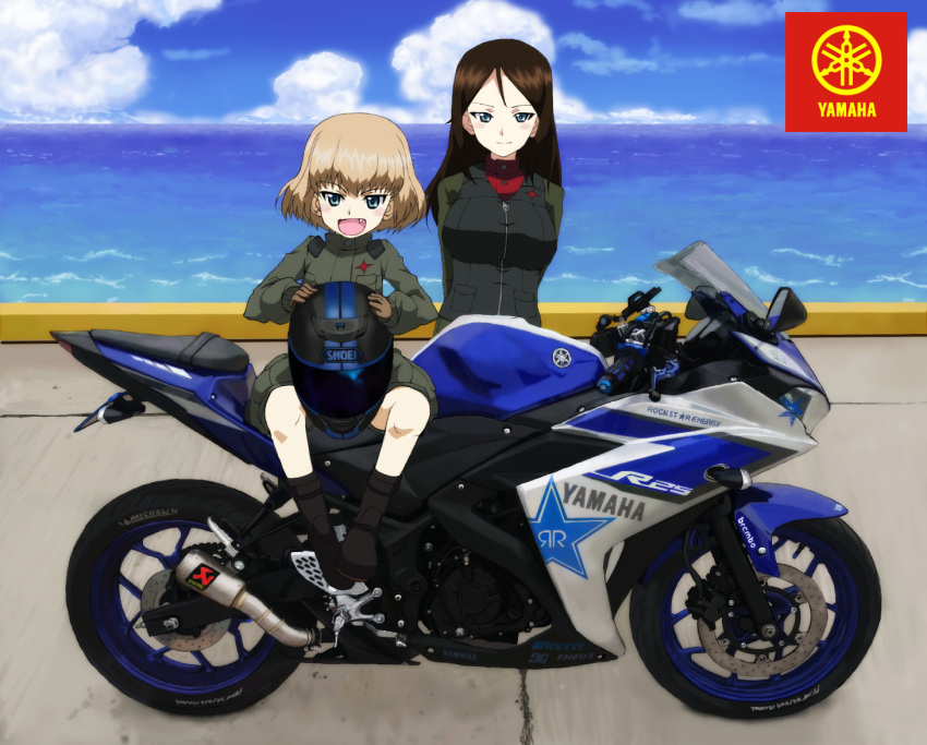 2girls :d arms_behind_back bangs black_footwear black_hair black_vest blonde_hair blue_eyes blue_sky boots brown_gloves clouds cloudy_sky commentary_request day emblem eyebrows_visible_through_hair fang girls_und_panzer gloves green_jacket green_jumpsuit ground_vehicle helmet holding horizon jacket katyusha kayabakoro light_smile logo long_hair long_sleeves looking_at_viewer military military_uniform motor_vehicle motorcycle motorcycle_helmet multiple_girls nonna ocean open_mouth outdoors pier pravda_military_uniform red_shirt shirt short_hair short_jumpsuit sitting sky smile standing swept_bangs turtleneck uniform vest yamaha yzf-r25