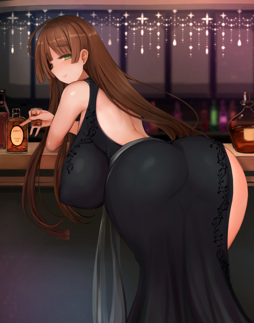 1girl ahoge backless_dress backless_outfit bar bare_shoulders bent_over black_dress breasts brown_hair covered_nipples curvy dress from_behind green_eyes hanging_breasts highres huge_ahoge huge_breasts light_smile liquor long_hair looking_at_viewer looking_back original raised_eyebrows saruton solo wide_hips