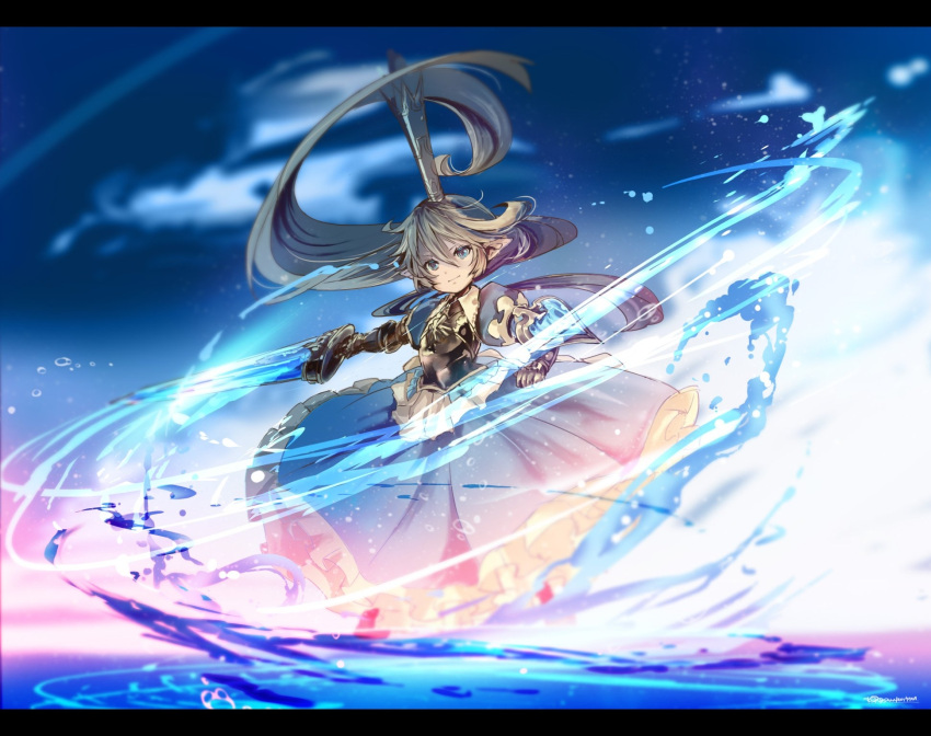 1girl armor armored_boots armored_dress blonde_hair blue_dress blue_eyes blurry boots breastplate charlotta_fenia closed_mouth crown depth_of_field draph dress frilled_dress frilled_skirt frills furrowed_eyebrows gauntlets granblue_fantasy greaves hair_between_eyes hair_blowing harvin highres holding holding_sword holding_weapon layered_dress long_hair looking_at_viewer outstretched_arm pointy_ears puffy_short_sleeves puffy_sleeves sanamisa shield short_sleeves skirt solo standing sword very_long_hair water weapon wind