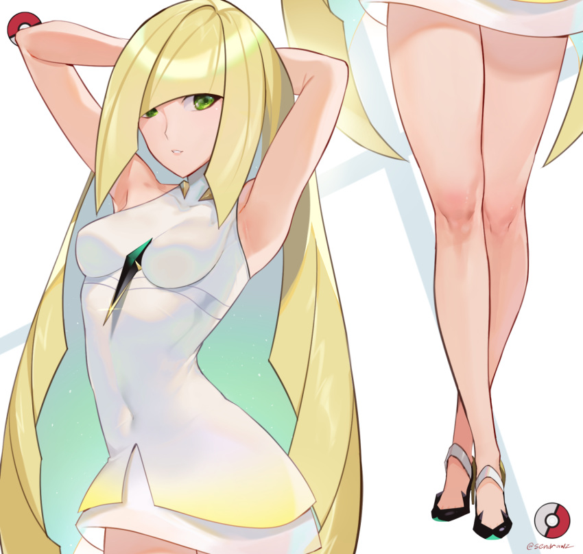 1girl armpits arms_behind_head arms_up bangs blonde_hair breasts commentary covered_navel creatures_(company) diagonal_bangs dress english_commentary game_freak gem green_eyes high_heels highres hips legs long_hair looking_at_viewer lusamine_(pokemon) medium_breasts nintendo parted_lips poke_ball pokemon pokemon_(game) pokemon_sm sendrawz short_dress simple_background sleeveless solo thighs very_long_hair white_background white_dress