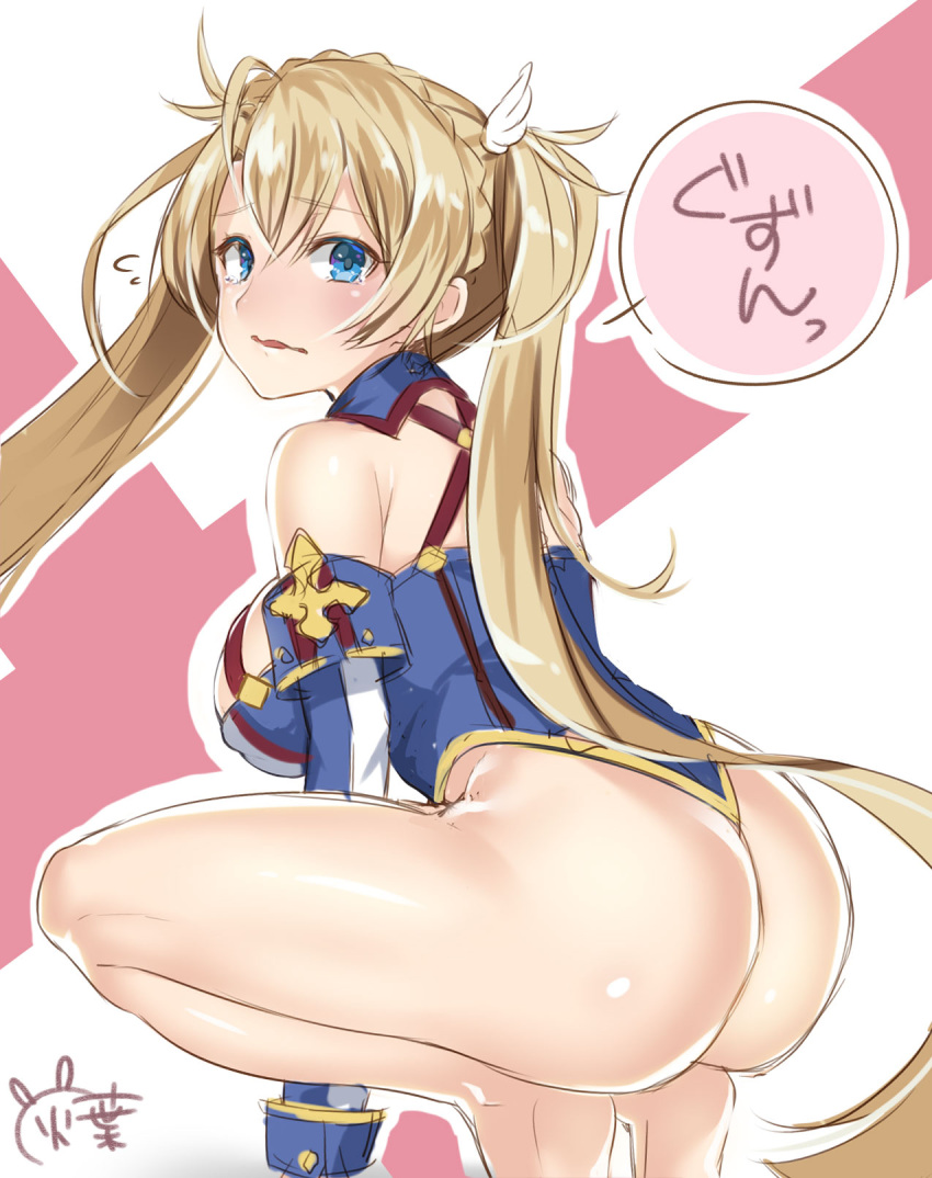 1girl artist_request ass bangs bare_shoulders blonde_hair blue_eyes blush bradamante_(fate/grand_order) braid breasts elbow_gloves fate/grand_order fate_(series) flying_sweatdrops french_braid gloves hair_between_eyes highres large_breasts leotard long_hair looking_at_viewer looking_back open_mouth solo squatting thighs twintails
