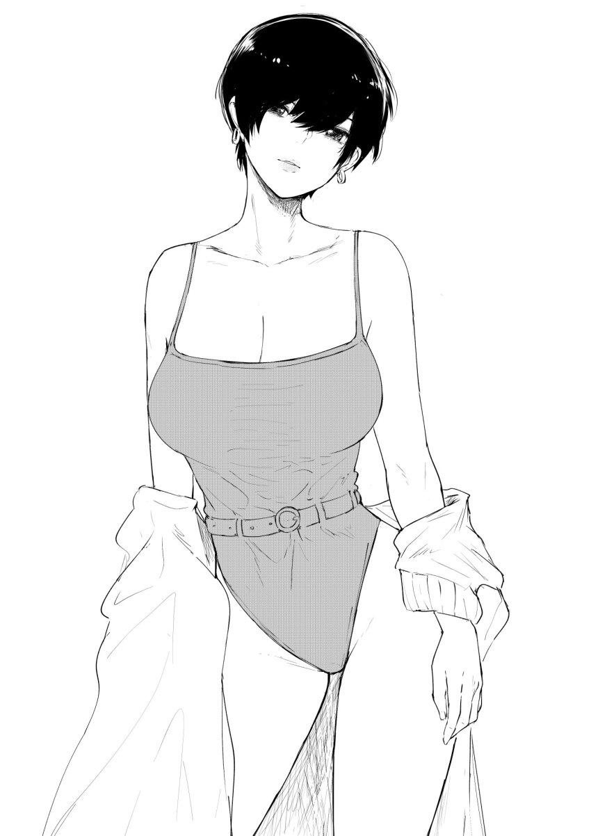 1girl bangs bare_shoulders belt black_hair breasts cleavage collarbone commentary earrings english_commentary facing_viewer greyscale hair_between_eyes highres jewelry large_breasts legs leotard looking_at_viewer monochrome norman_maggot ol-chan_(norman_maggot) original parted_lips pixie_cut short_hair spaghetti_strap standing sweater