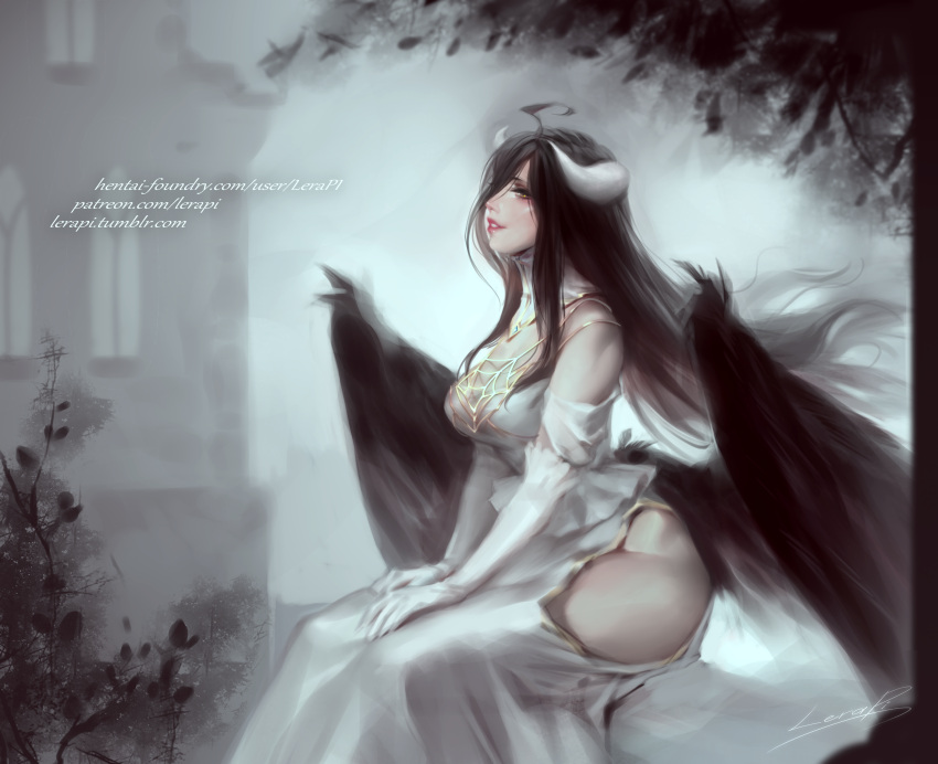 1girl absurdres ahoge albedo black_feathers black_hair black_wings breasts demon_girl demon_horns demon_wings detached_collar dress feathered_wings gloves hair_between_eyes hands_on_thighs highres hip_vent horns large_breasts lera_pi lips low_wings nose overlord_(maruyama) sitting solo thighs watermark web_address white_dress white_gloves wings yellow_eyes