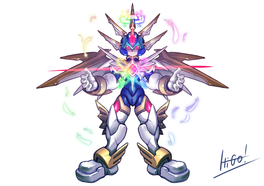 1boy absurdres android copy_x cyber_elves full_body gloves glowing glowing_eyes halo helmet hi-go! highres male_focus mechanical_wings red_eyes rockman rockman_zero signature simple_background smile solo white_background white_gloves wings