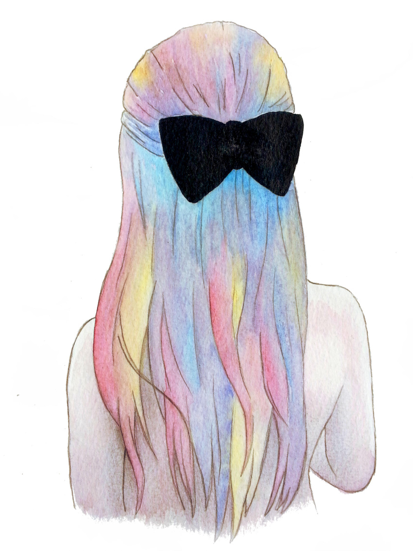 1girl absurdres black_bow bow commentary emily_clark english_commentary from_behind hair_bow highres long_hair multicolored_hair nude original simple_background solo white_background