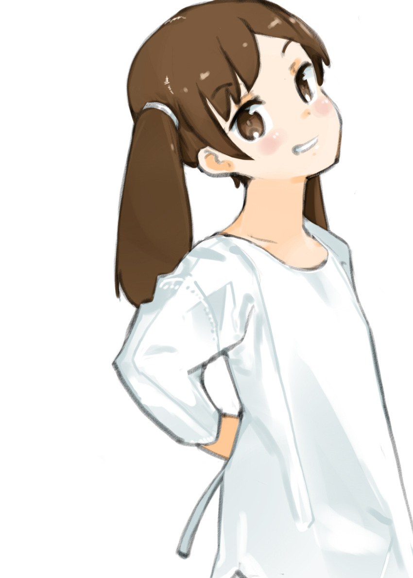 1girl breasts bright_pupils brown_eyes brown_hair clothing_request co_botan commentary_request dot_nose eyebrows_visible_through_hair grin head_tilt highres kantai_collection light_blush long_sleeves looking_at_viewer medium_hair ryuujou_(kantai_collection) short_twintails sketch_eyebrows small_breasts smile solo twintails upper_body