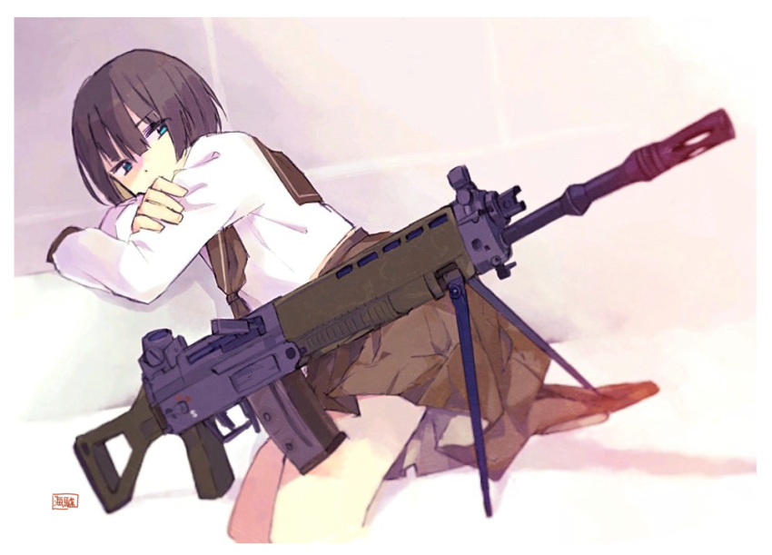 1girl absurdres assault_rifle bipod blue_eyes bob_cut commentary gun highres jpeg_artifacts leaning_on_object looking_back original rifle school_uniform seallllion serafuku short_hair sig_550 solo weapon